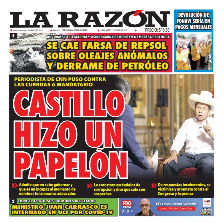 Portada impresa – Diario La Razón (25/01/2022)