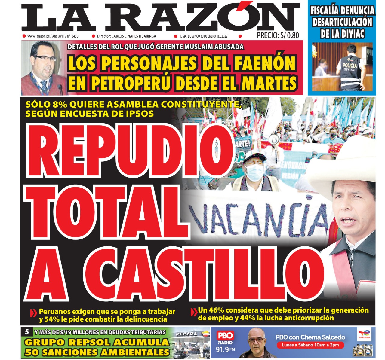 Portada impresa – Diario La Razón (30/01/2022)