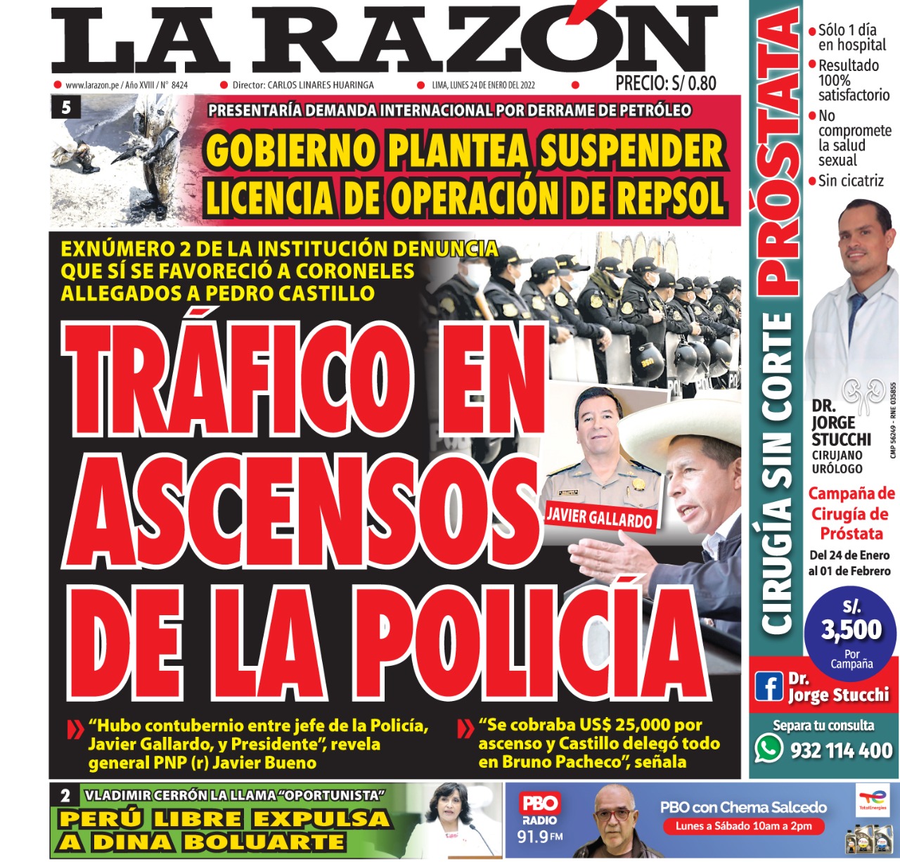 Portada impresa – Diario La Razón (24/01/2022)