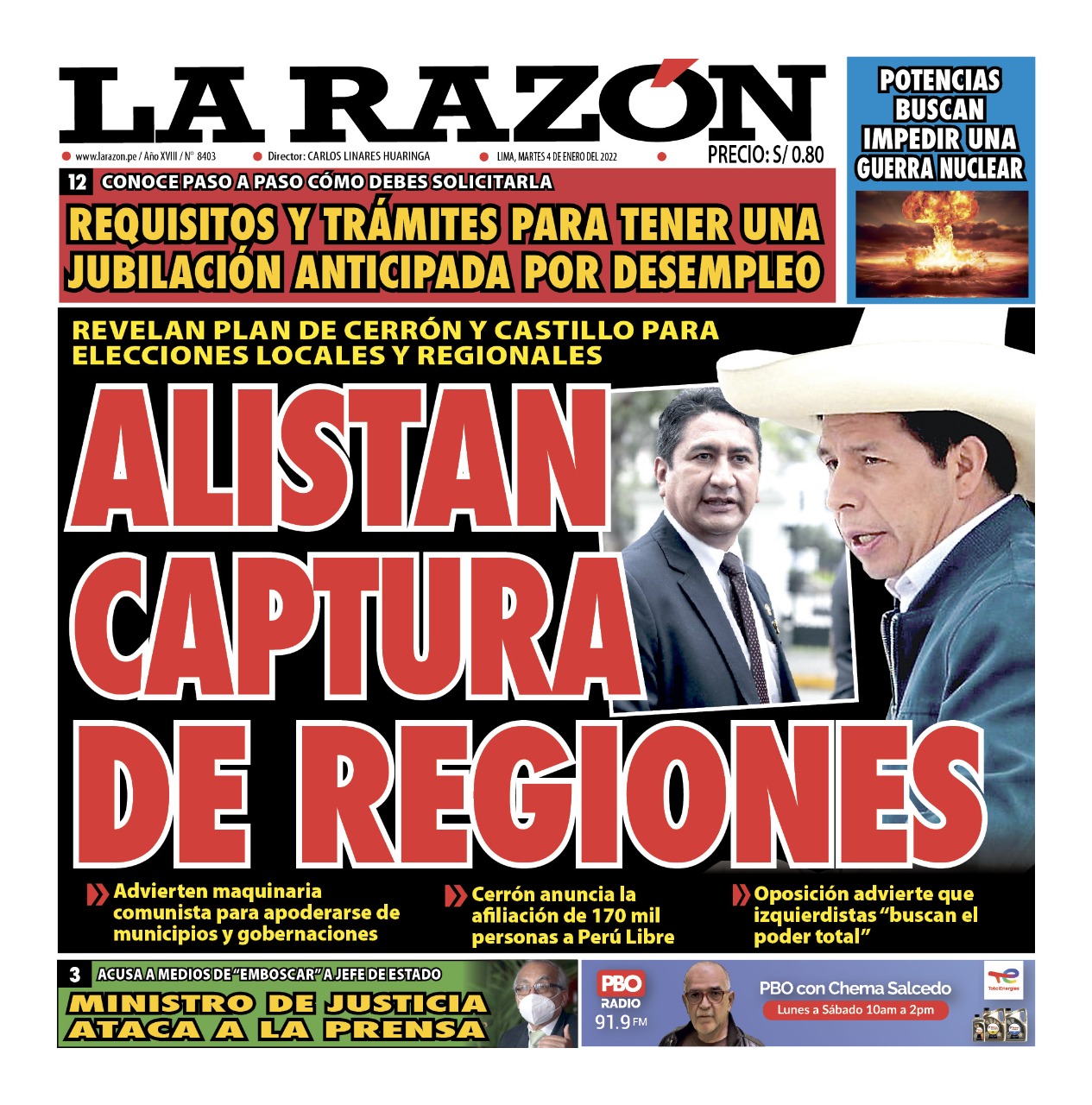Portada impresa – Diario La Razón (04/01/2022)