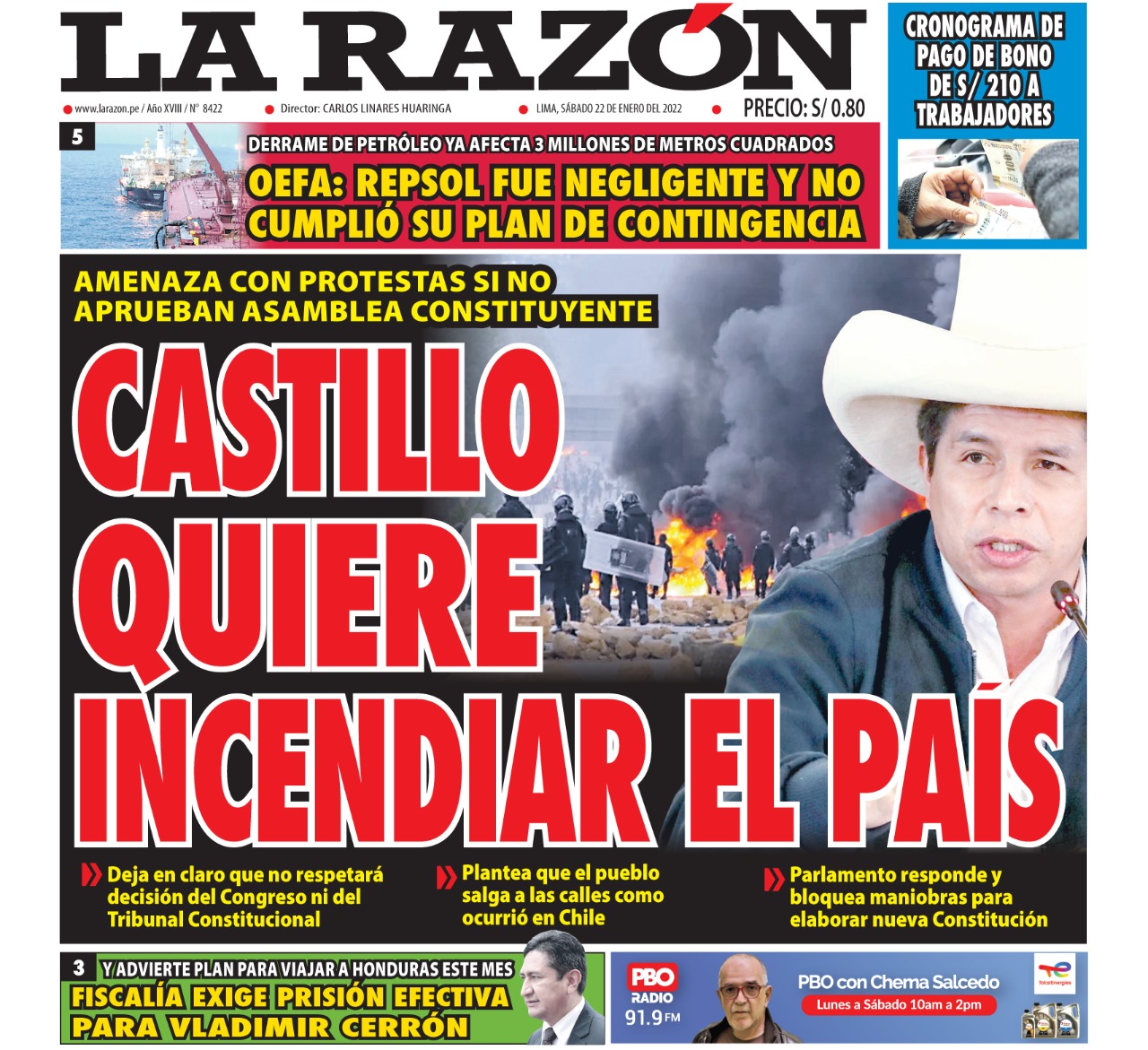 Portada impresa – Diario La Razón (22/01/2022)