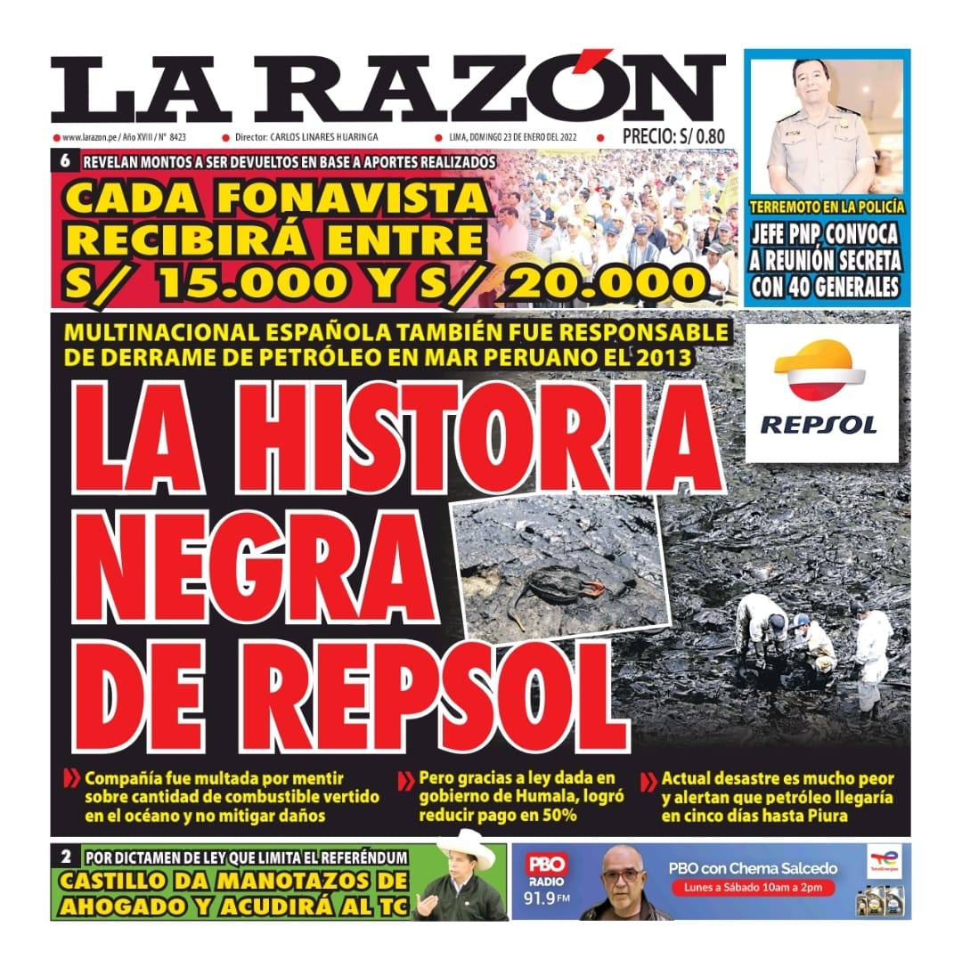 Portada impresa – Diario La Razón (23/01/2022)