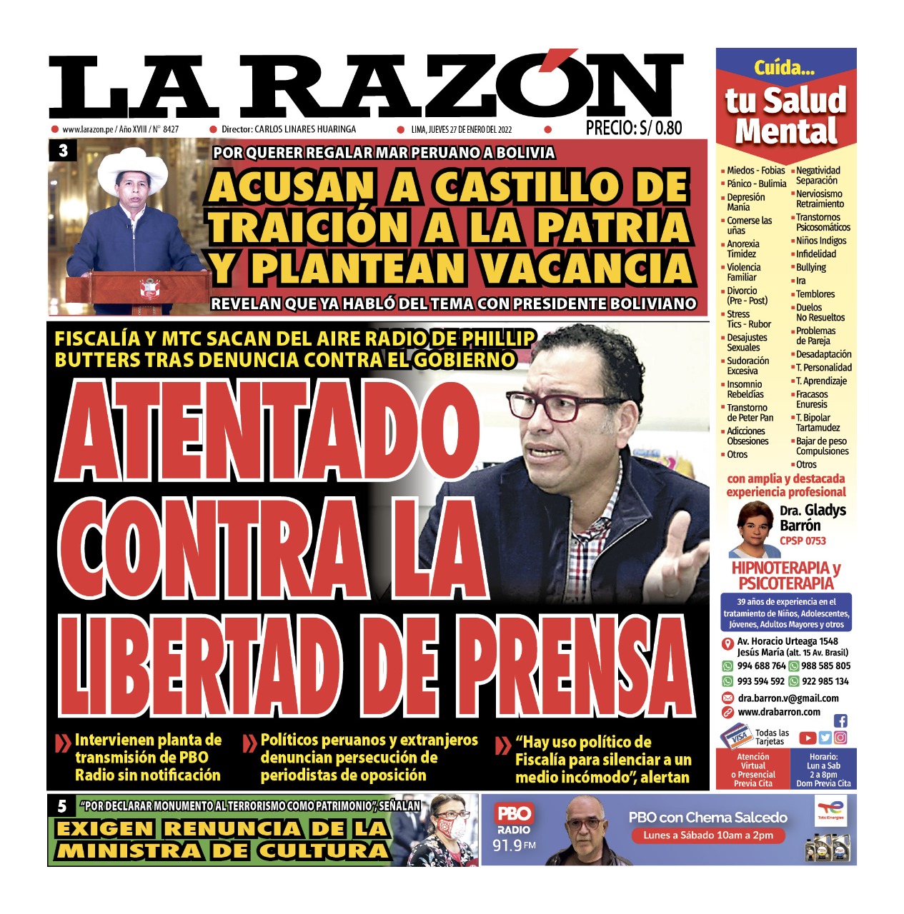 Portada impresa – Diario La Razón (27/01/2022)