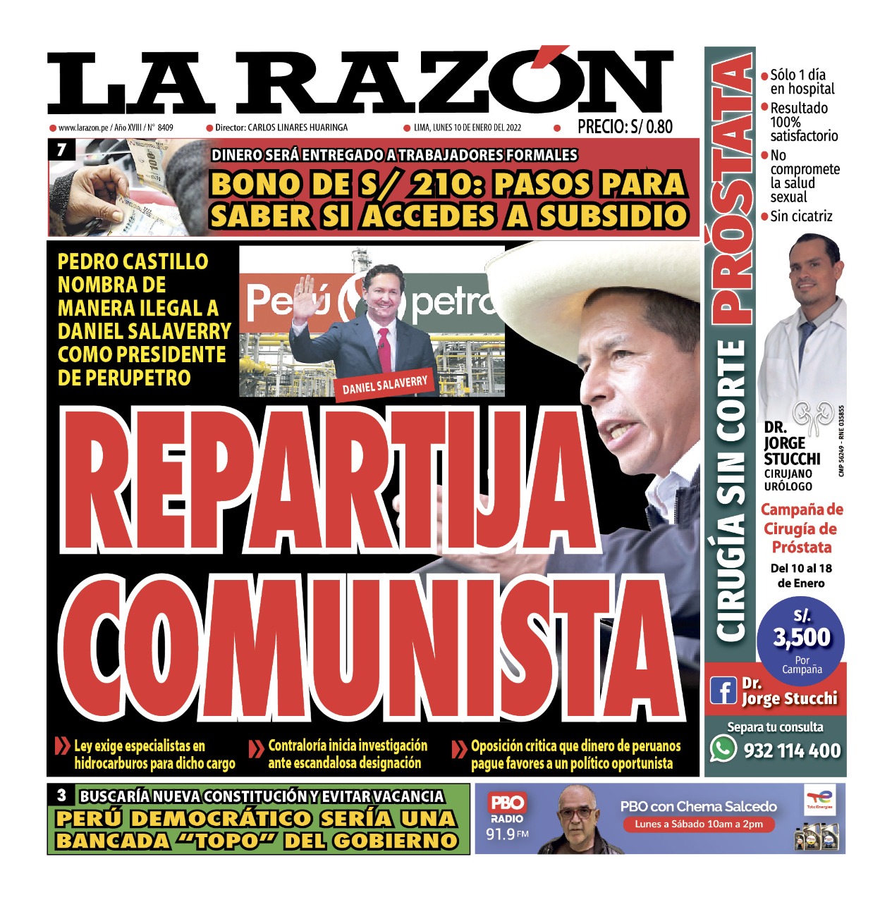 Portada impresa – Diario La Razón (10/01/2022)