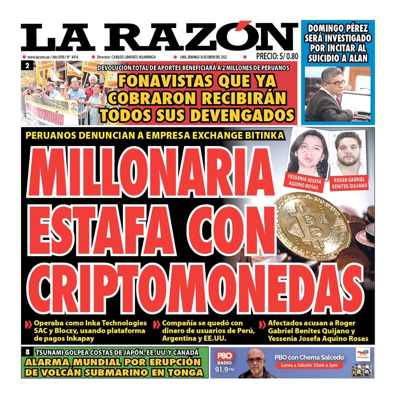 Portada impresa – Diario La Razón (16/01/2022)
