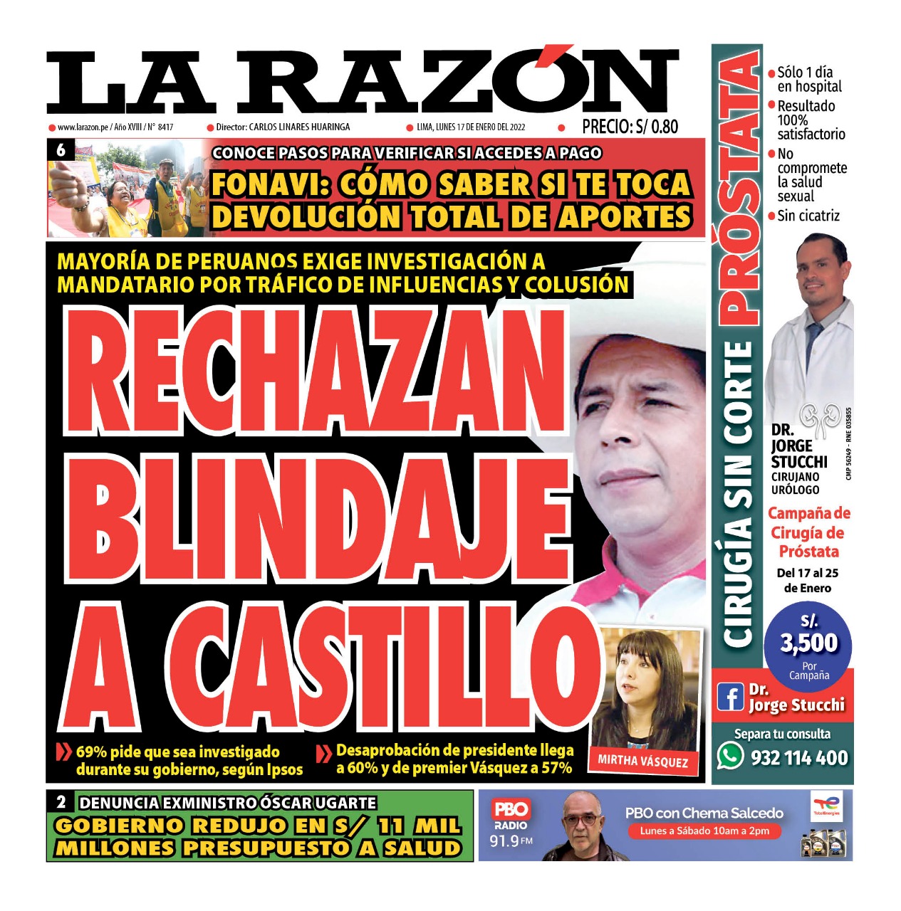 Portada impresa – Diario La Razón (17/01/2022)