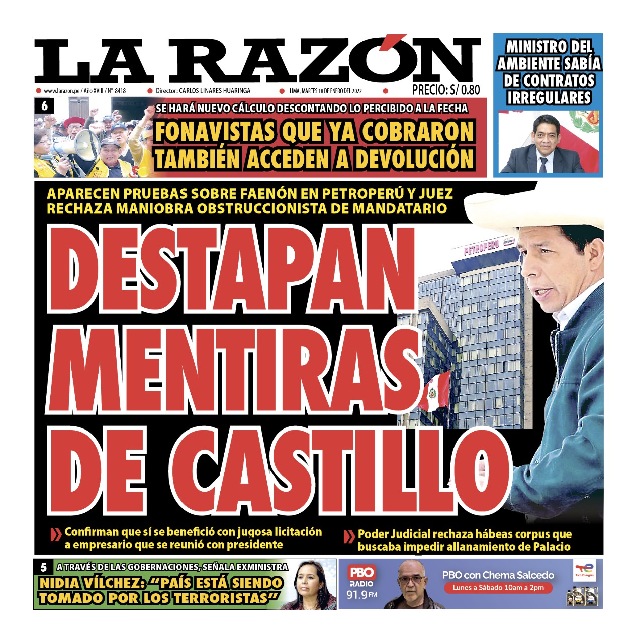 Portada impresa – Diario La Razón (18/01/2022)