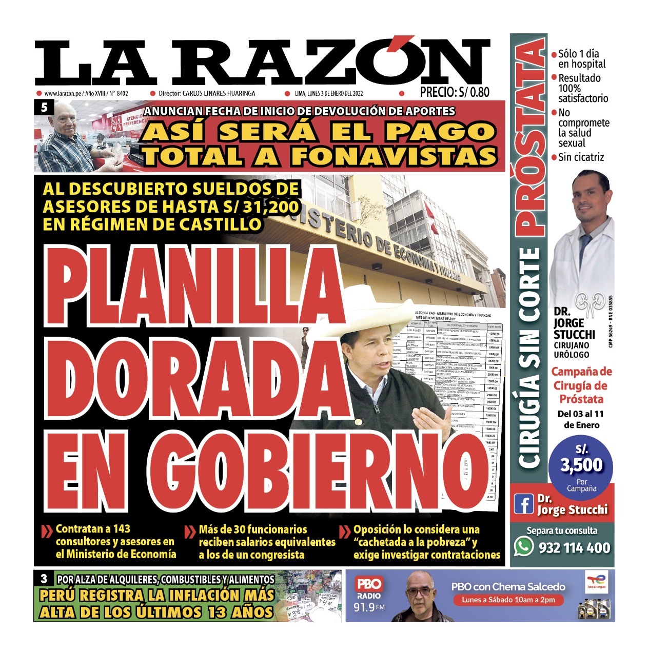 Portada impresa – Diario La Razón (03/01/2022)