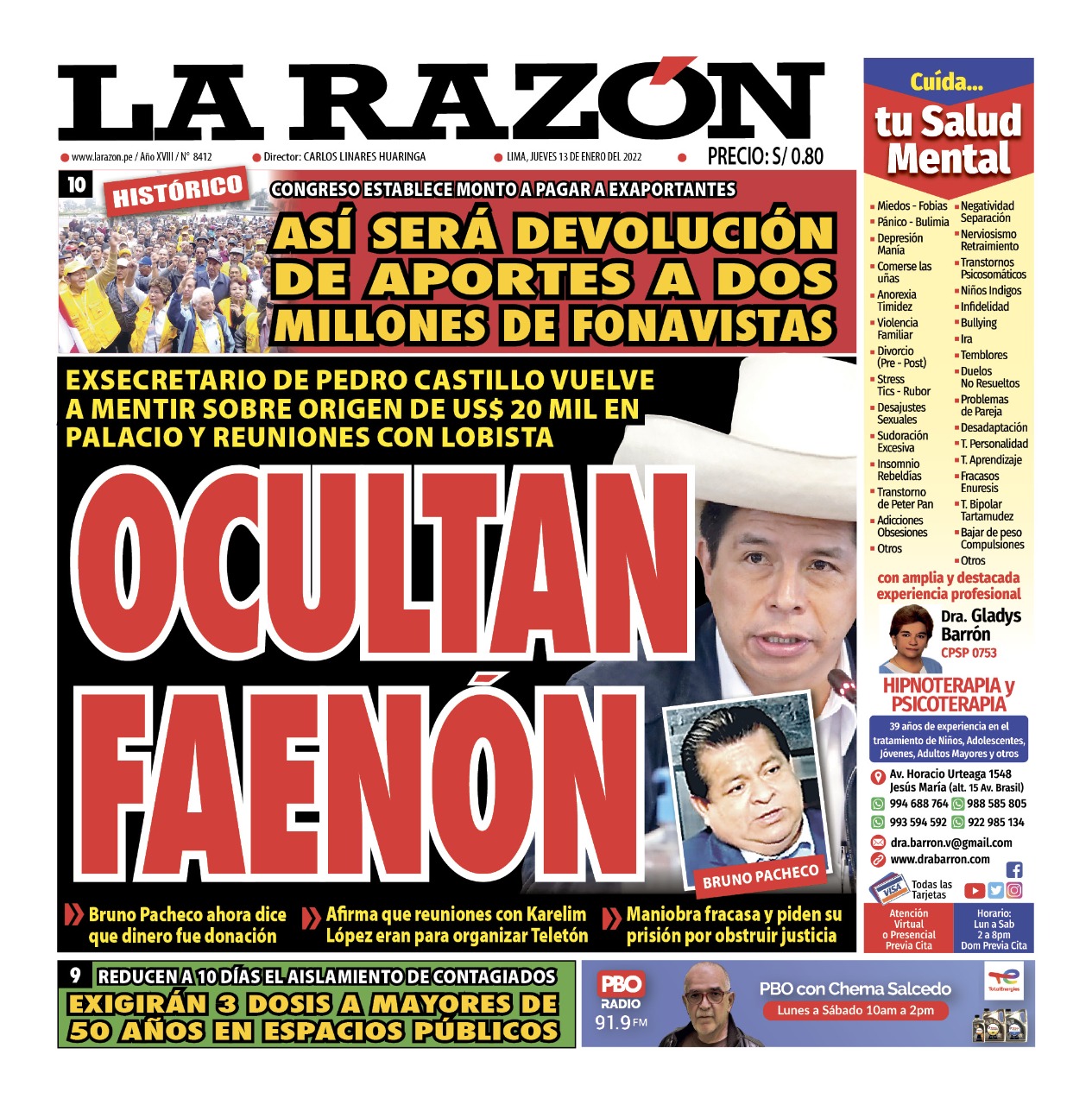 Portada impresa – Diario La Razón (13/01/2022)