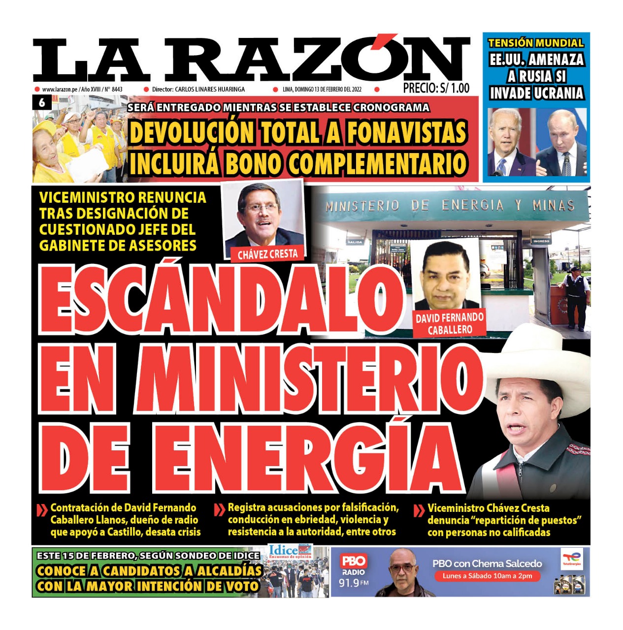 Portada impresa – Diario La Razón (13/02/2022)