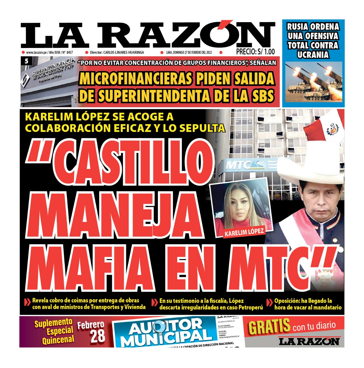 Portada impresa – Diario La Razón (27/02/2022)