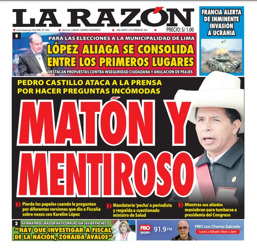 Portada impresa – Diario La Razón (22/02/2022)