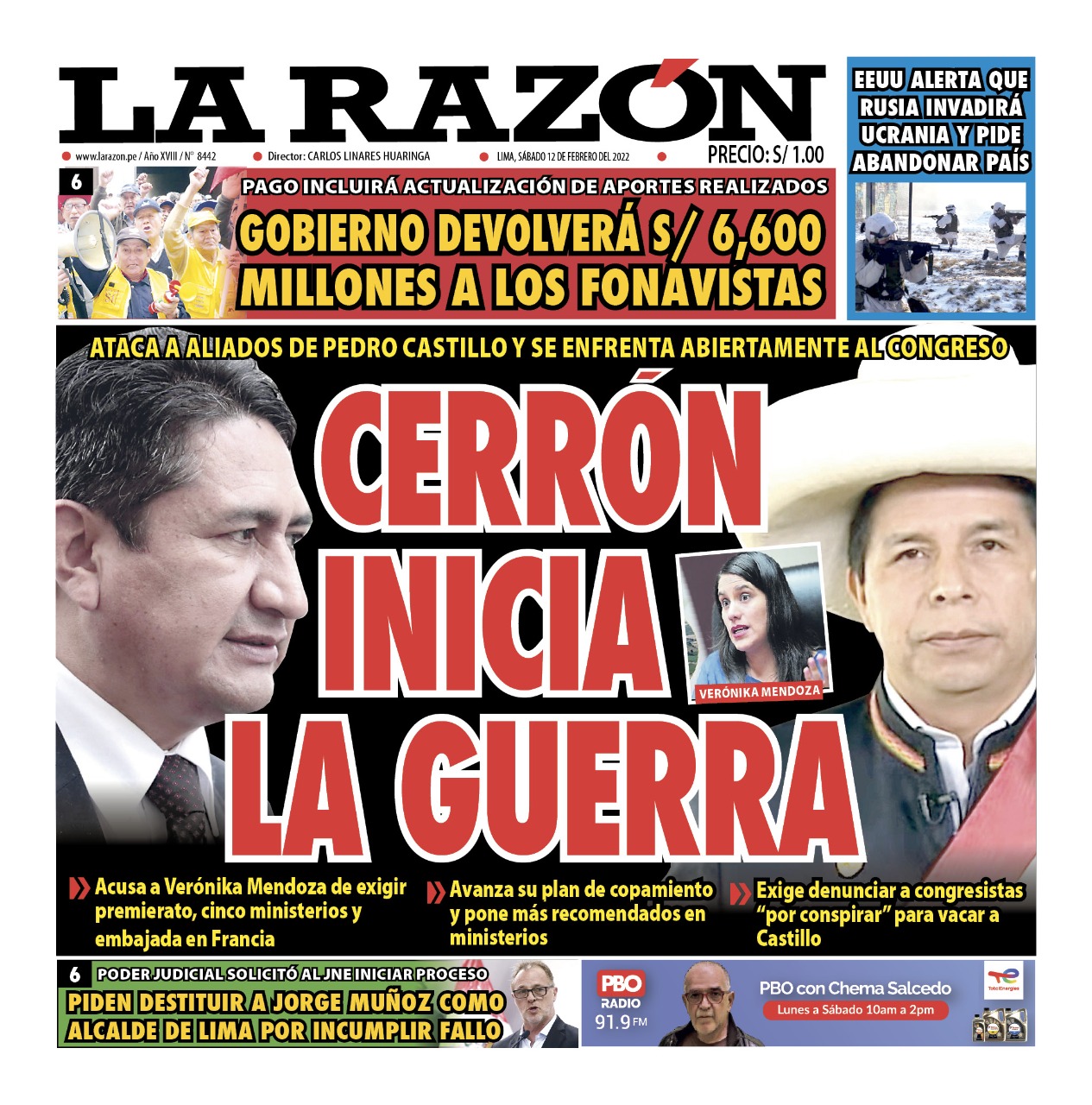 Portada impresa – Diario La Razón (12/02/2022)