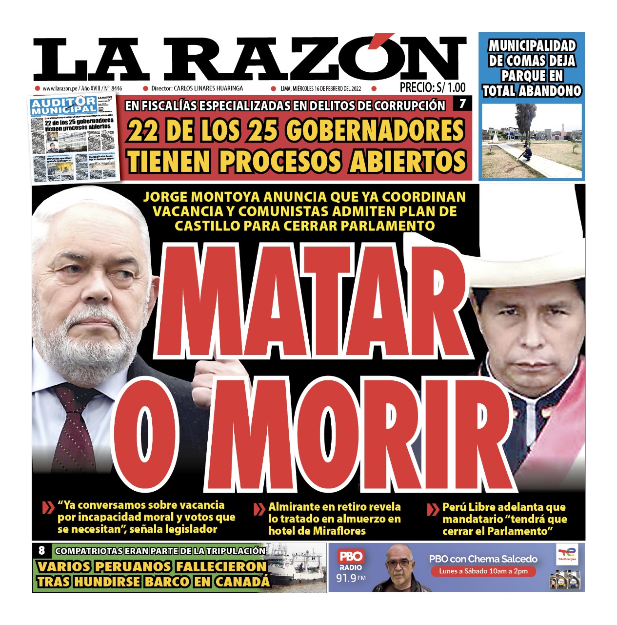 Portada impresa – Diario La Razón (16/02/2022)