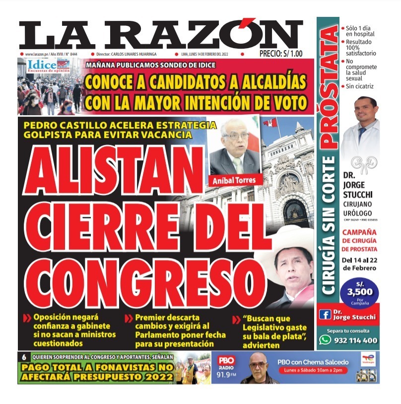 Portada impresa – Diario La Razón (14/02/2022)