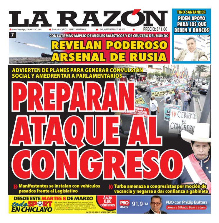 Portada impresa – Diario La Razón (08/03/2022)
