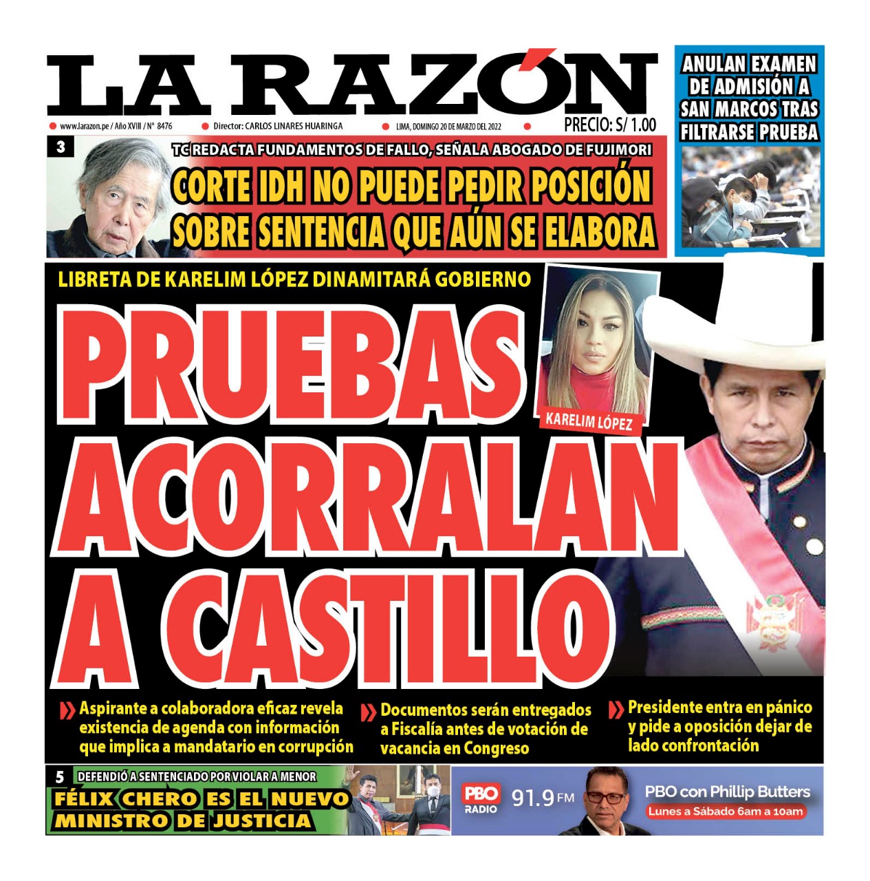 Portada impresa – Diario La Razón (20/03/2022)