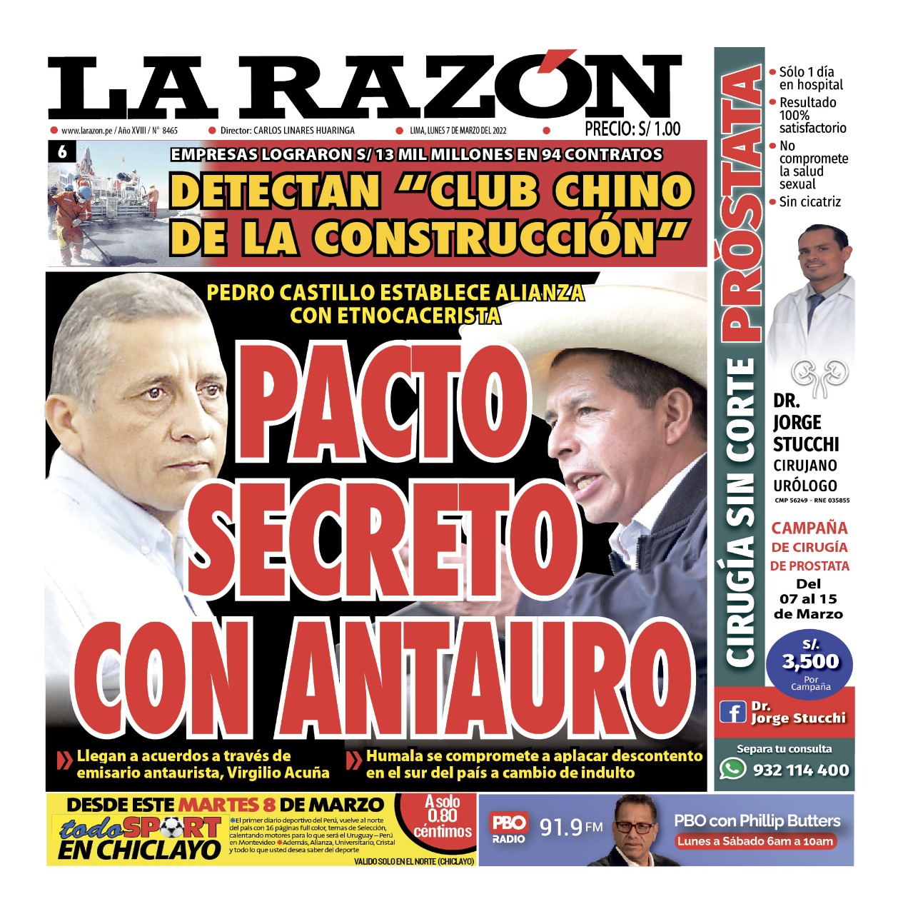 Portada impresa – Diario La Razón (07/03/2022)