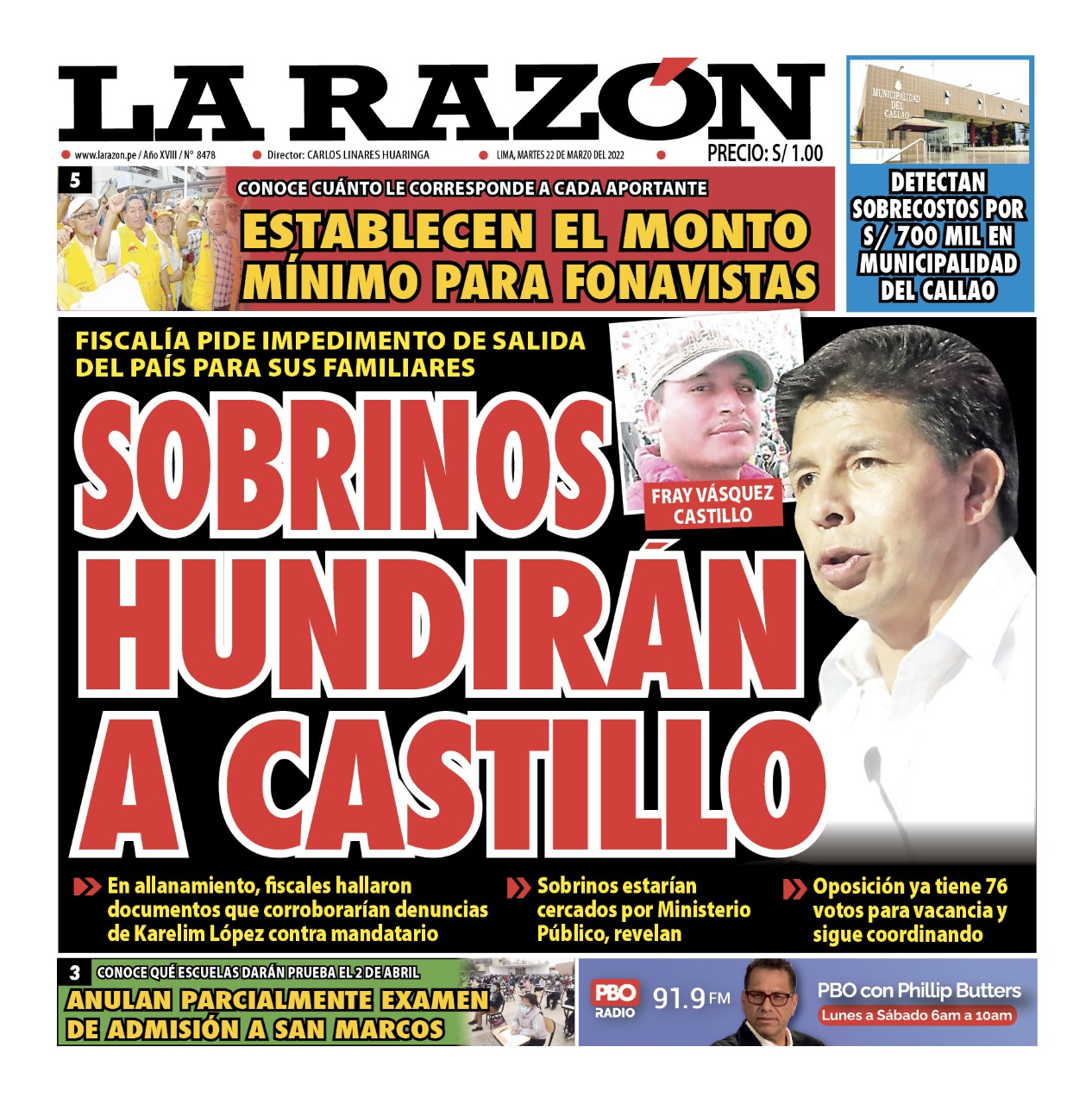 Portada impresa – Diario La Razón (22/03/2022)