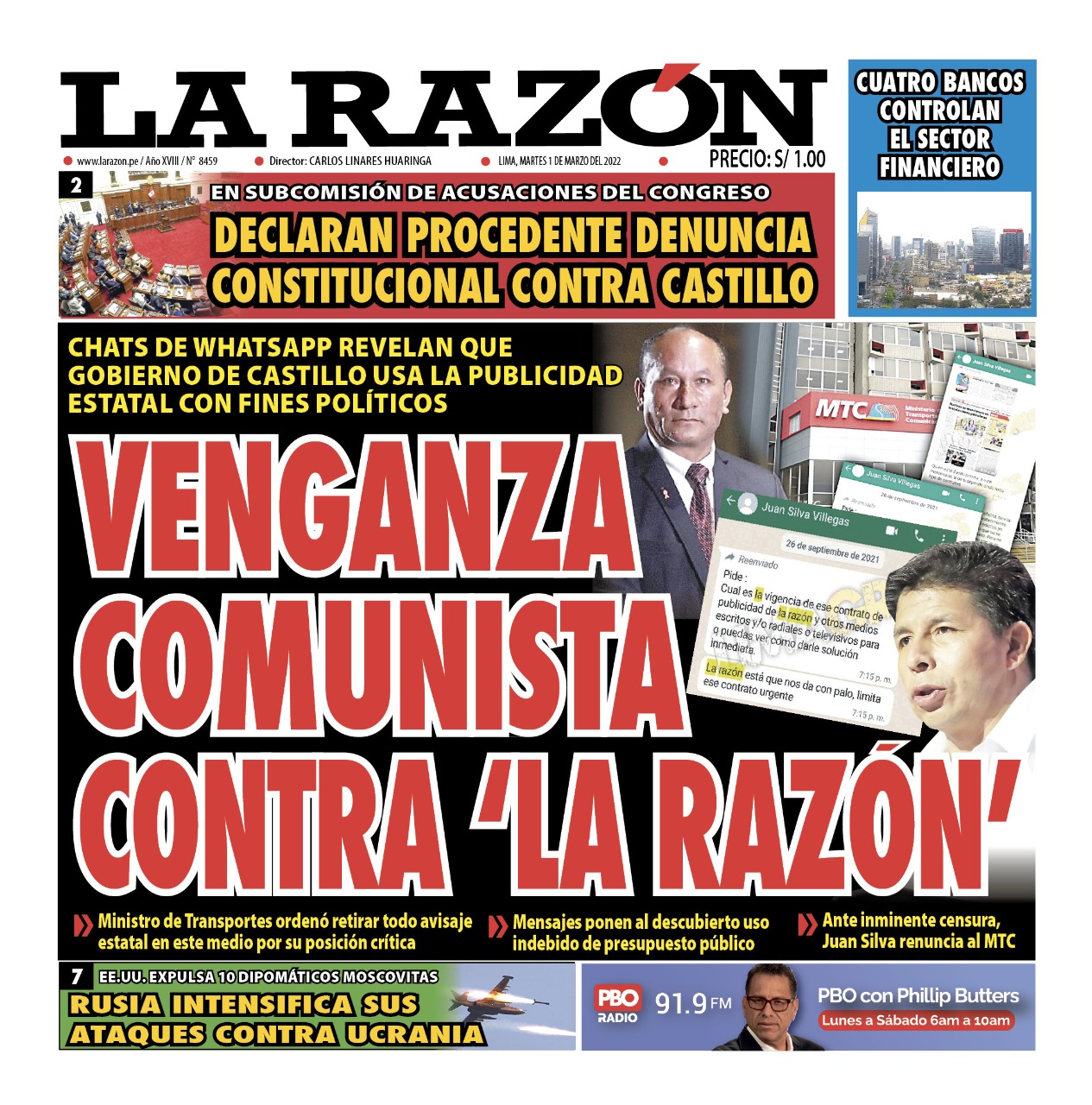 Portada impresa – Diario La Razón (01/03/2022)