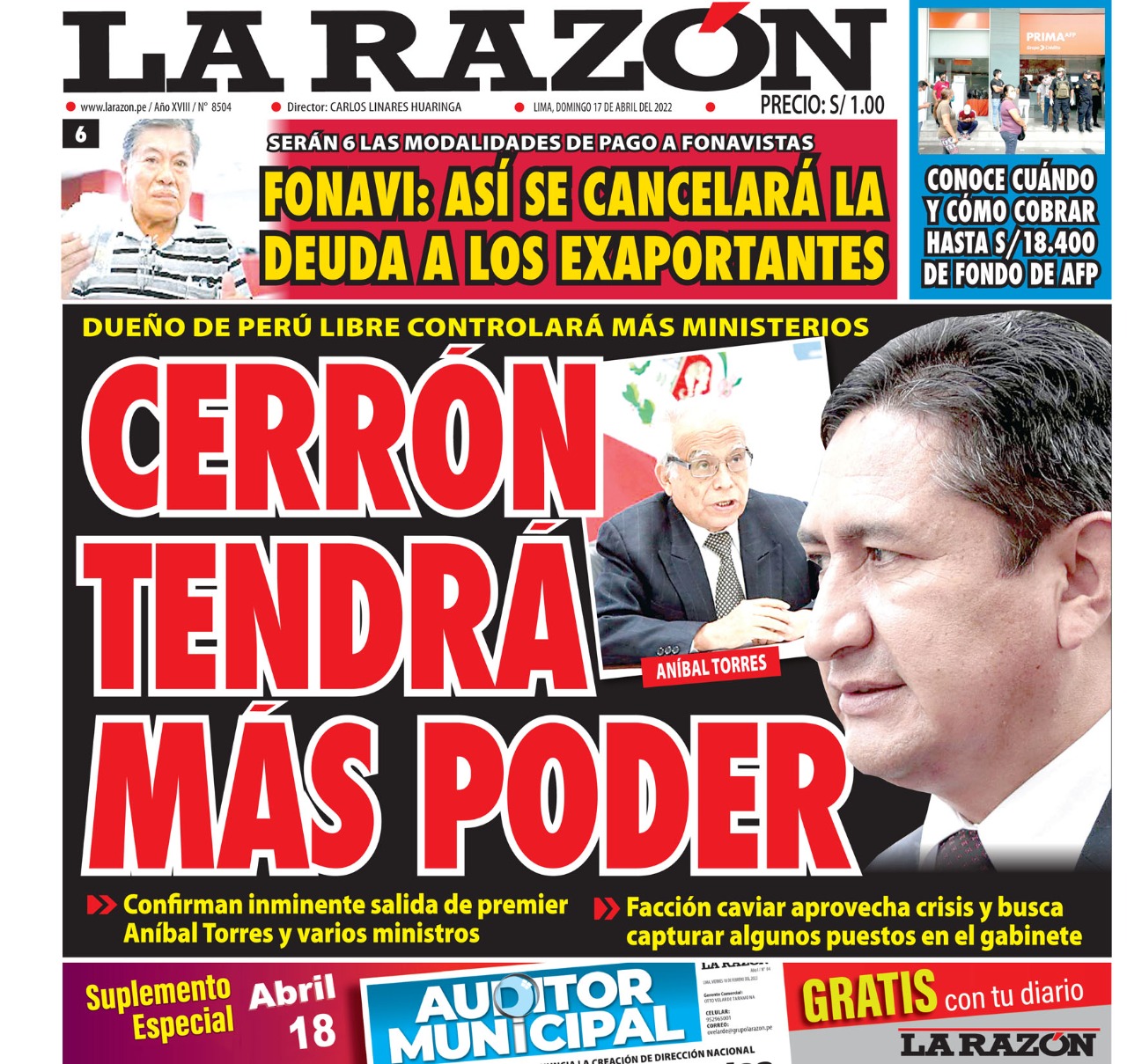 Portada impresa – Diario La Razón (17/04/2022)