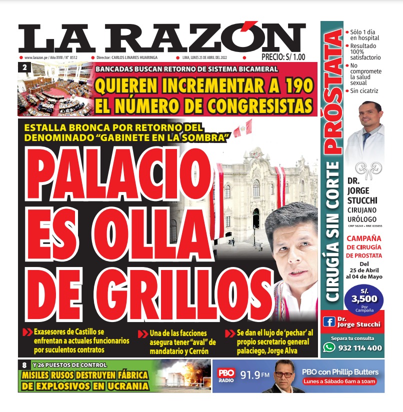 Portada impresa – Diario La Razón (25/04/2022) - La Razón