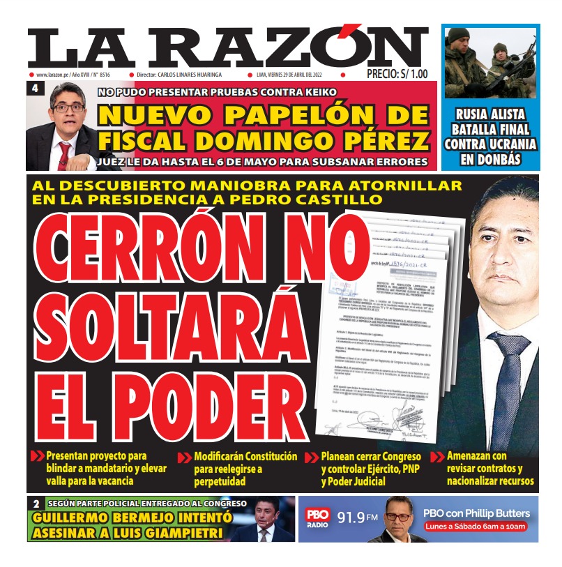Portada impresa – Diario La Razón (29/04/2022)