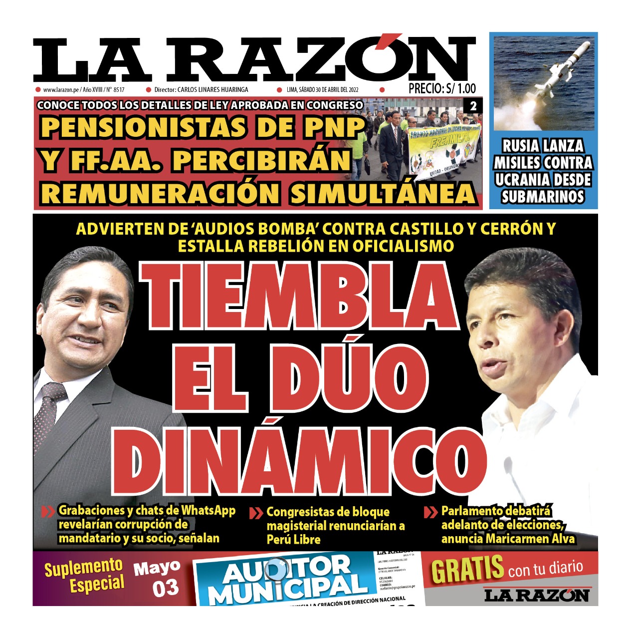 Portada impresa – Diario La Razón (30/04/2022)