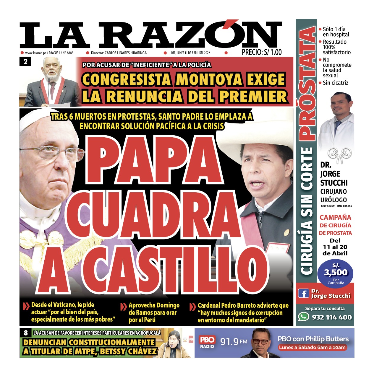 Portada impresa – Diario La Razón (11/04/2022)