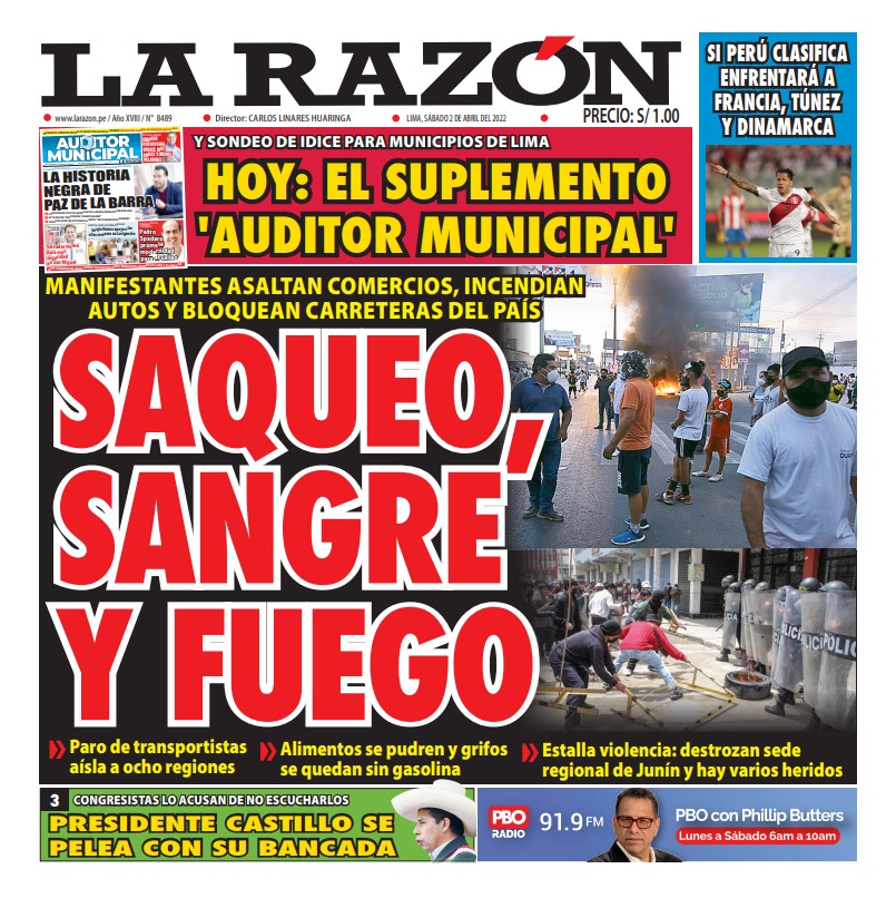Portada impresa – Diario La Razón (02/04/2022)