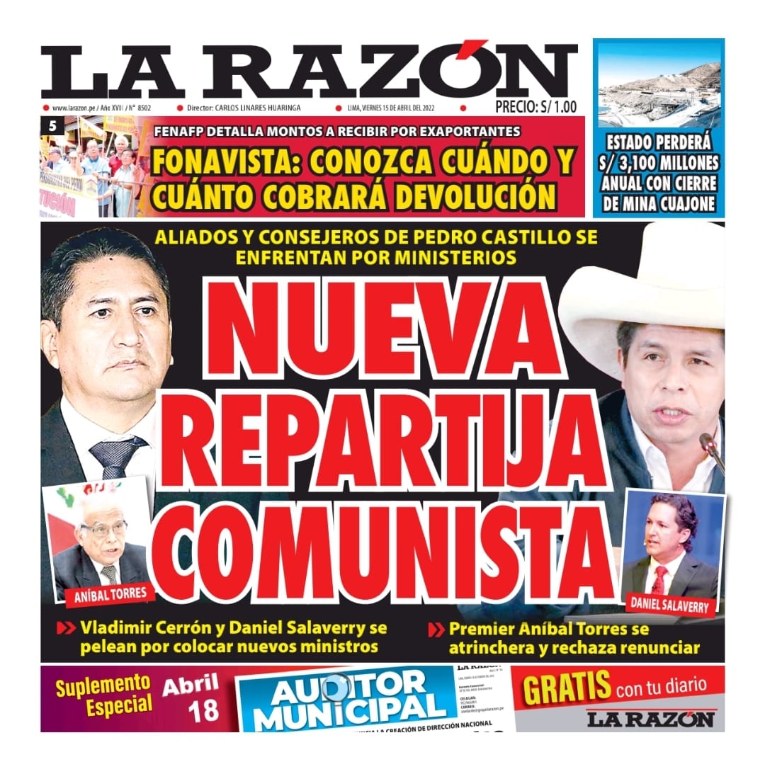 Portada impresa – Diario La Razón (15/04/2022)