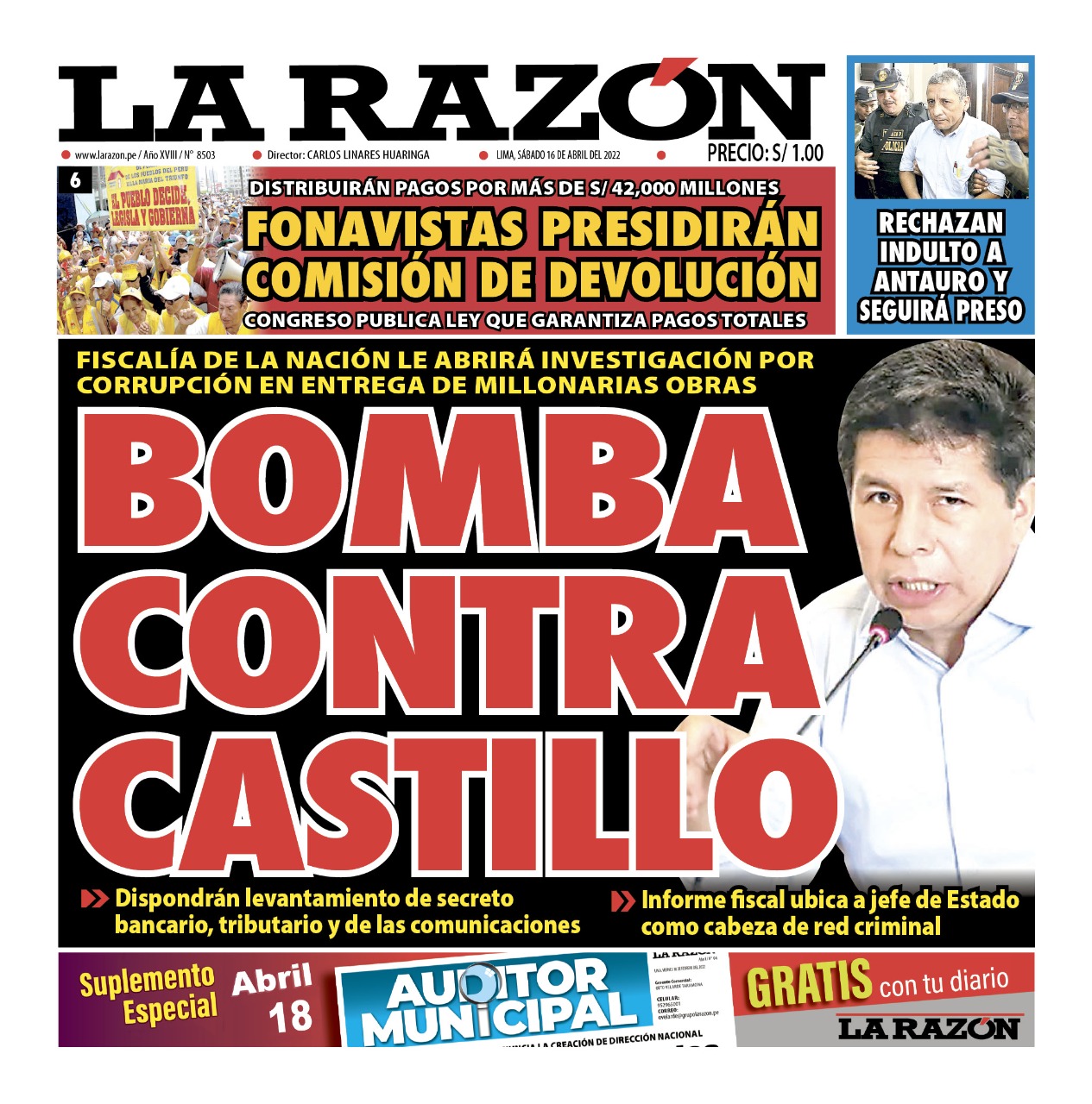 Portada impresa – Diario La Razón (16/04/2022)