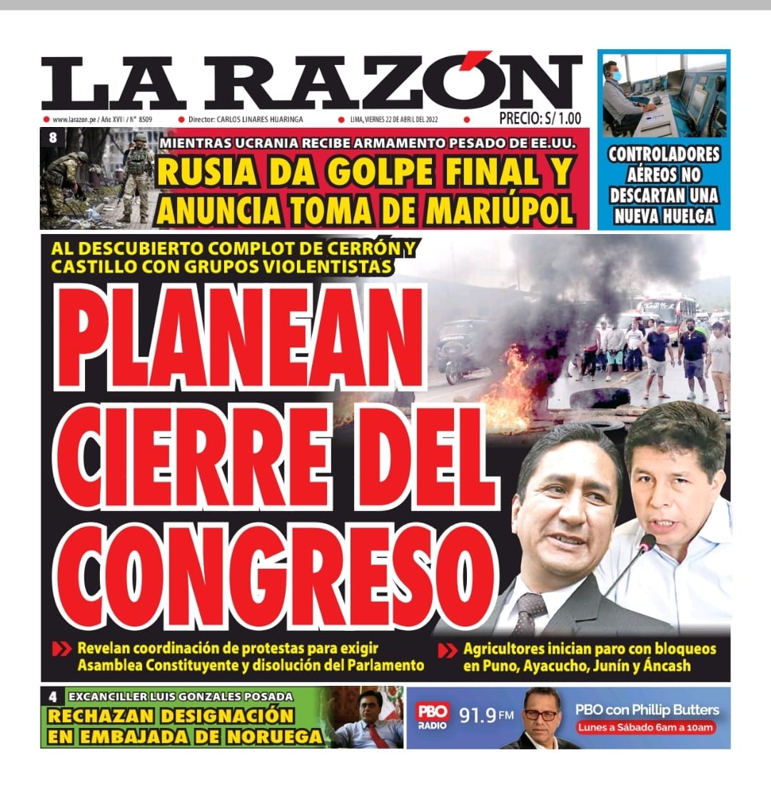 Portada impresa – Diario La Razón (22/04/2022) - La Razón