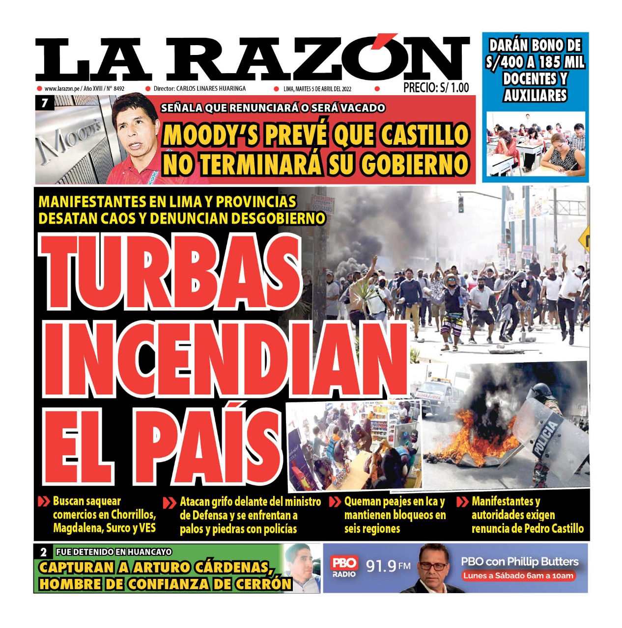 Portada impresa – Diario La Razón (05/04/2022)