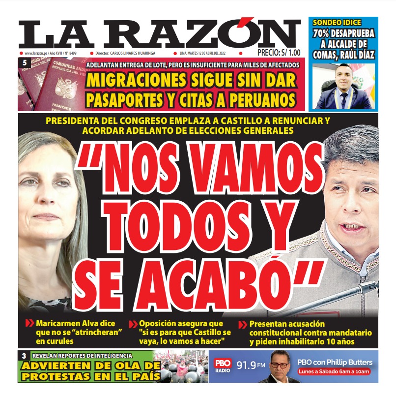 Portada impresa – Diario La Razón (12/04/2022)