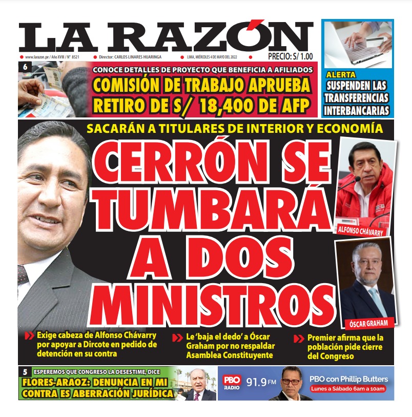 Portada impresa – Diario La Razón (04/05/2022)
