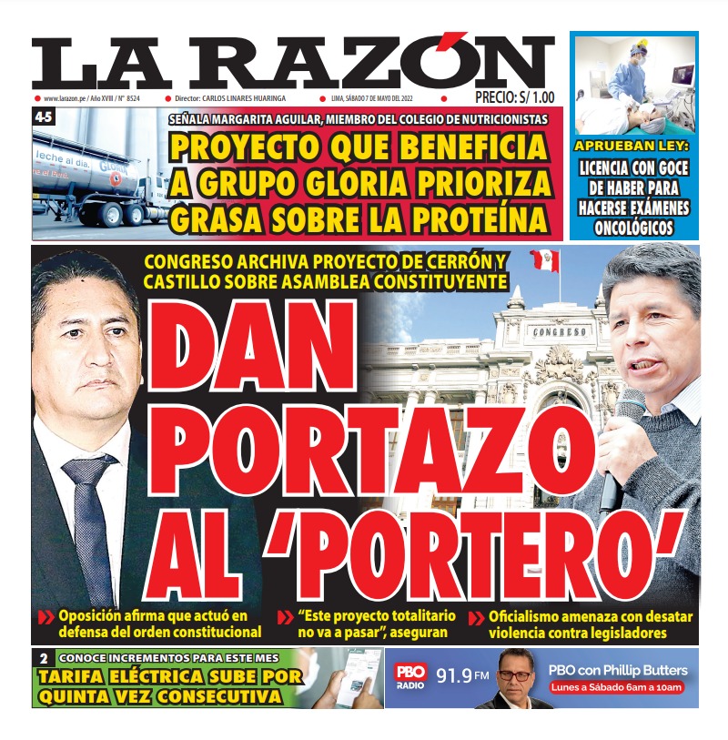 Portada impresa – Diario La Razón (07/05/2022)