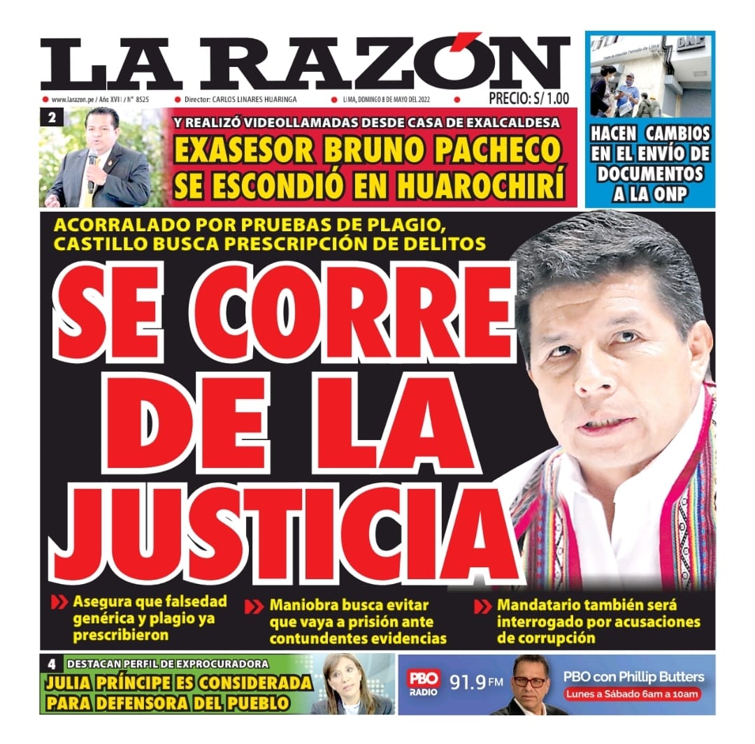 Portada impresa – Diario La Razón (08/05/2022)