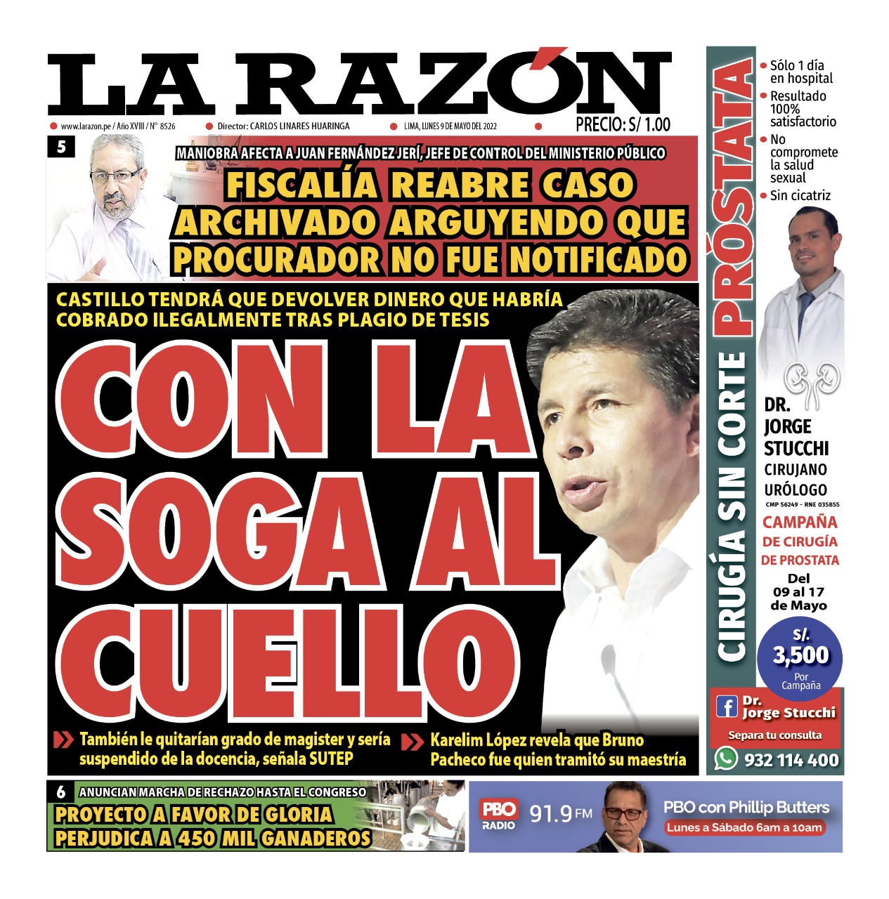 Portada impresa – Diario La Razón (09/05/2022)