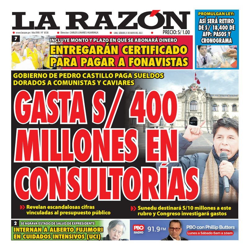 Portada impresa – Diario La Razón (21/05/2022)