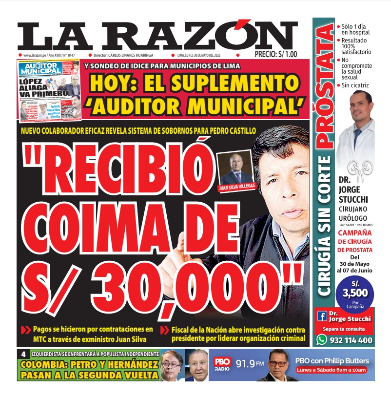 Portada impresa – Diario La Razón (30/05/2022)