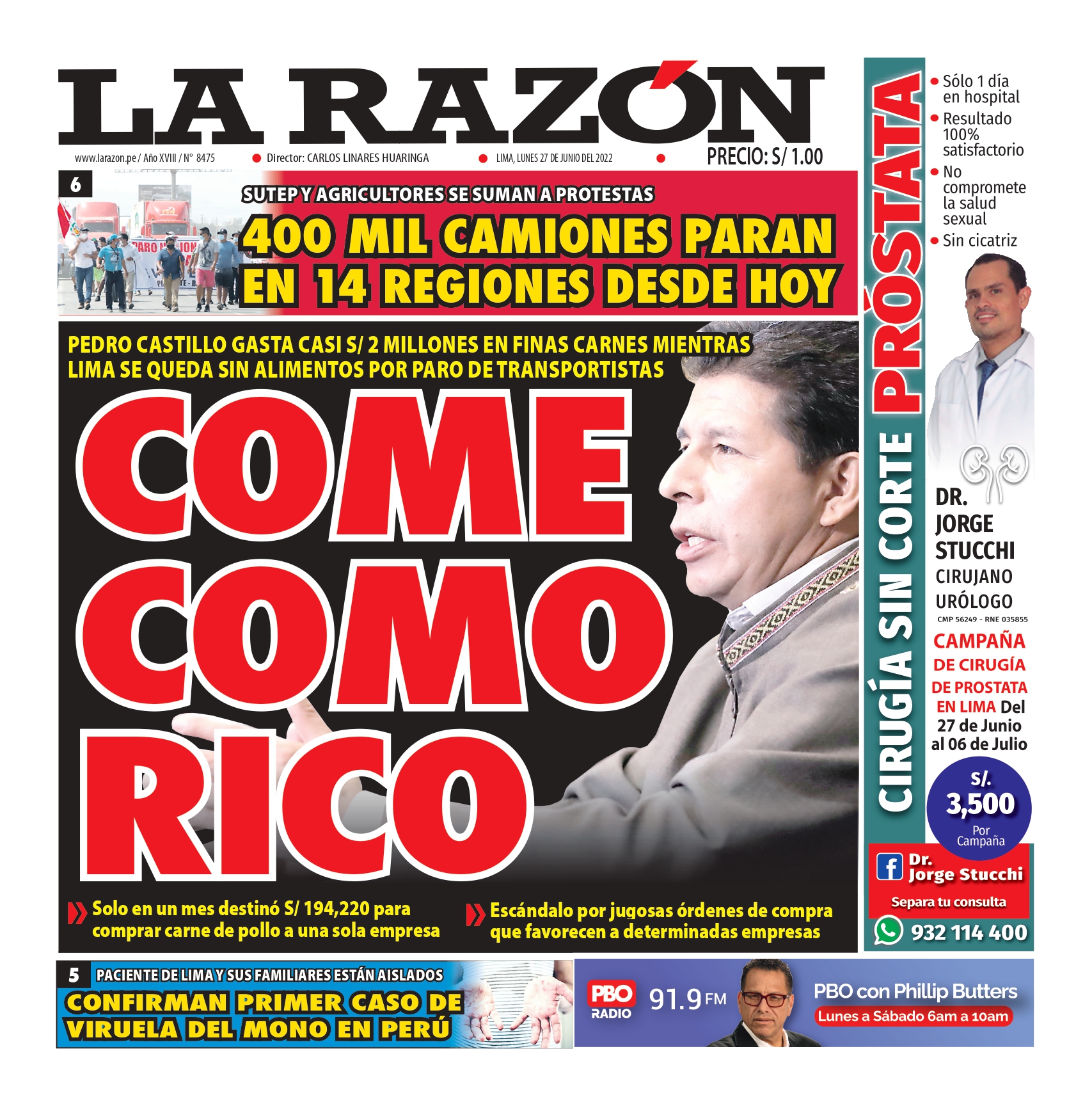 Portada impresa – Diario La Razón (27/06/2022)