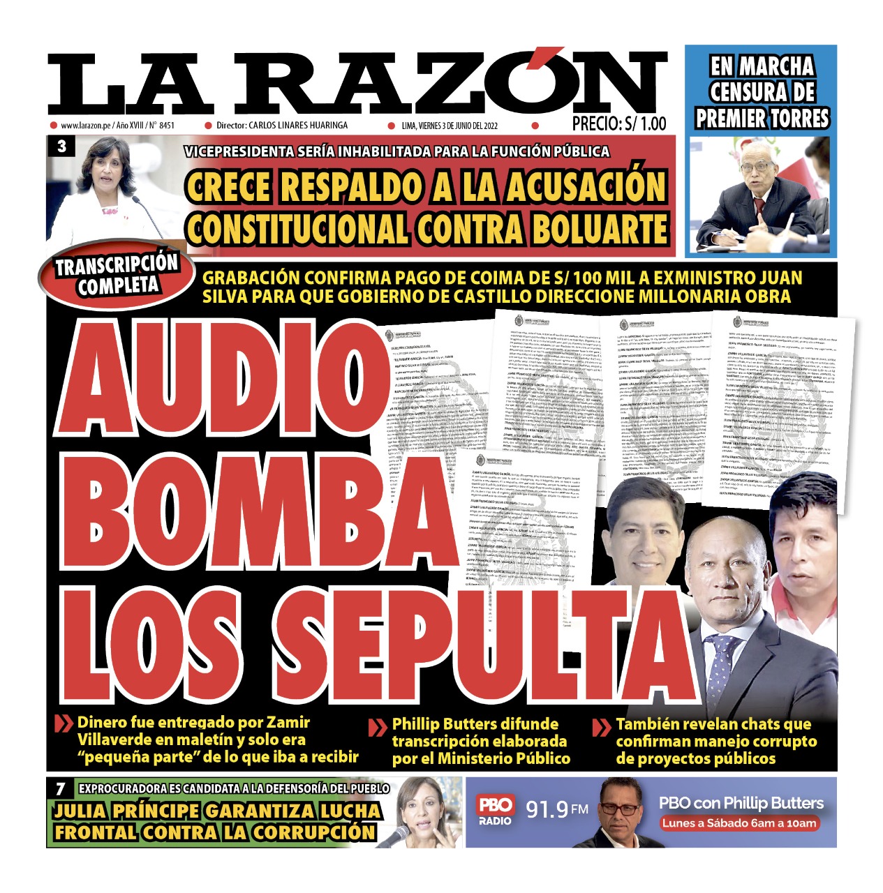 Portada impresa – Diario La Razón (03/06/2022)