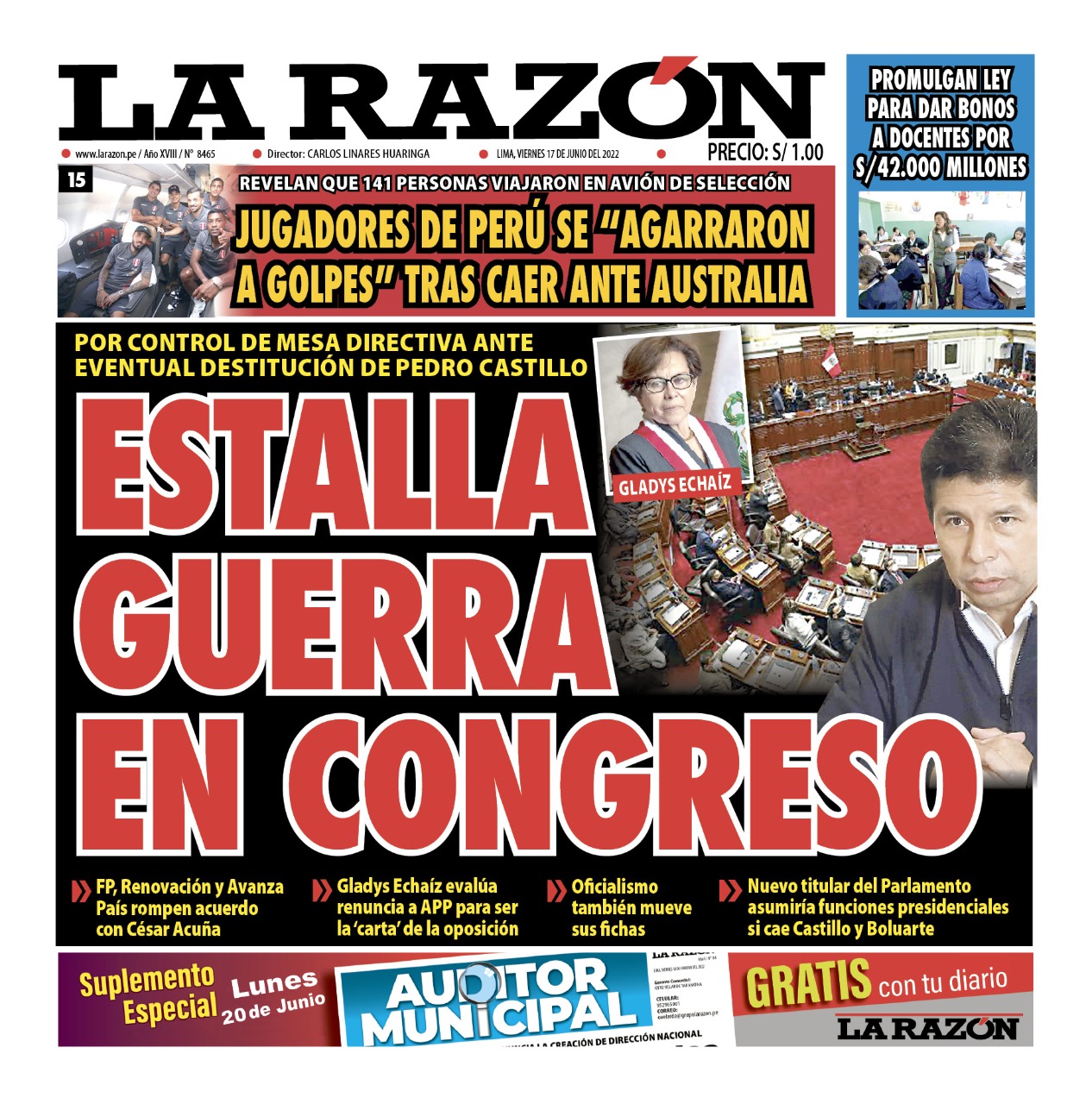 Portada impresa – Diario La Razón (17/06/2022)