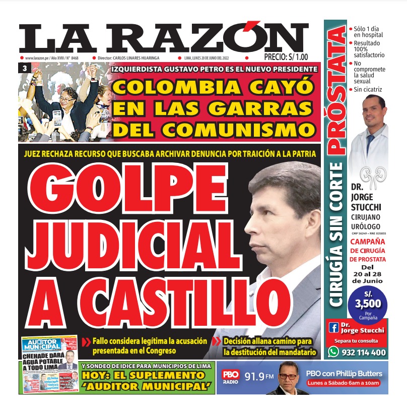 Portada impresa – Diario La Razón (20/06/2022)