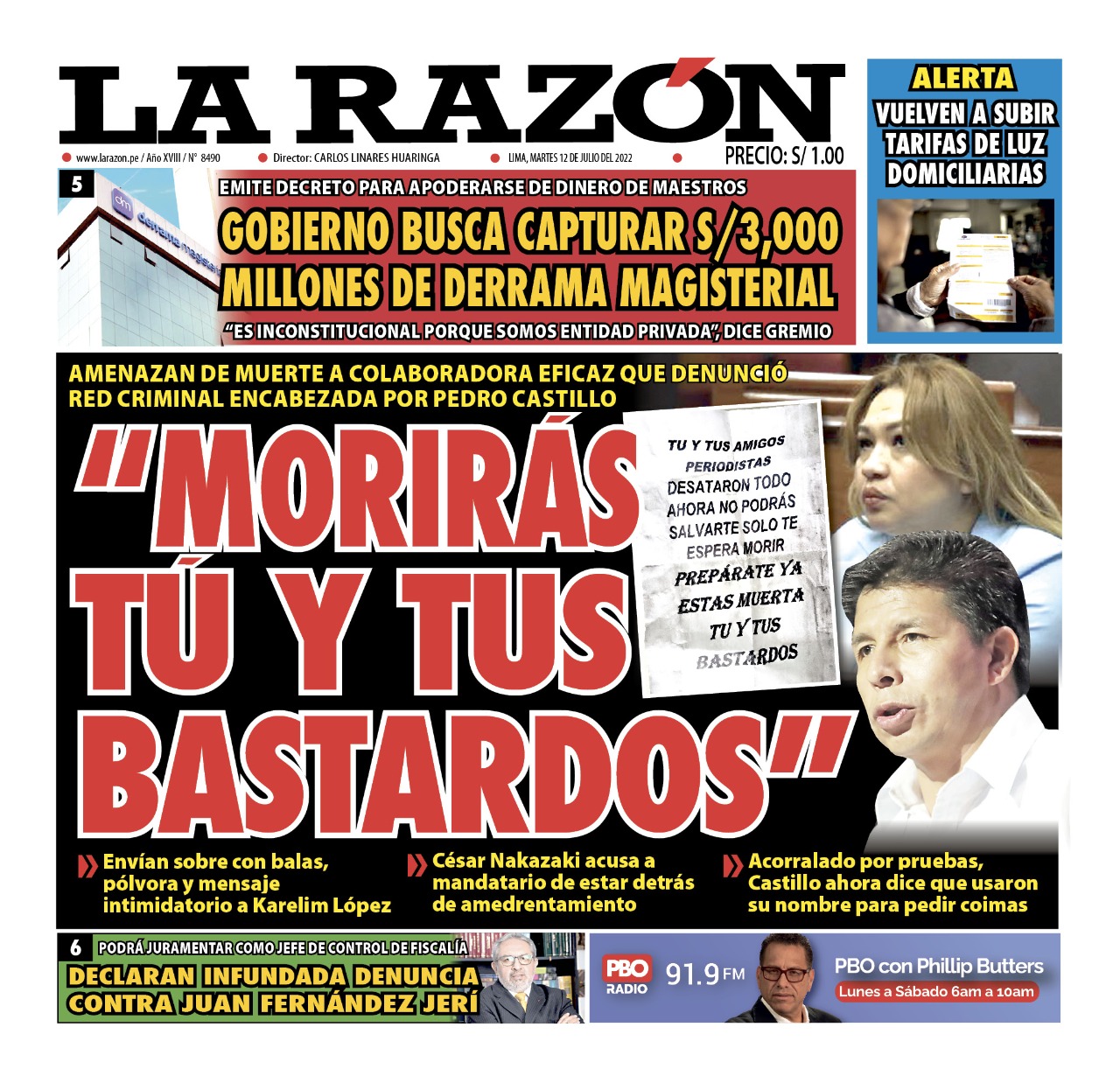 Portada impresa – Diario La Razón (12/07/2022)
