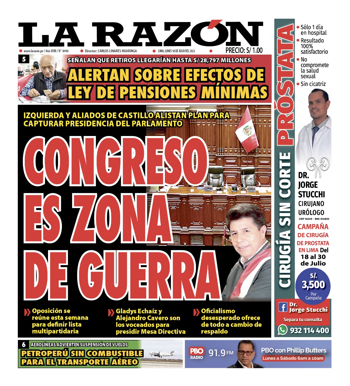 Portada impresa – Diario La Razón (18/07/2022)