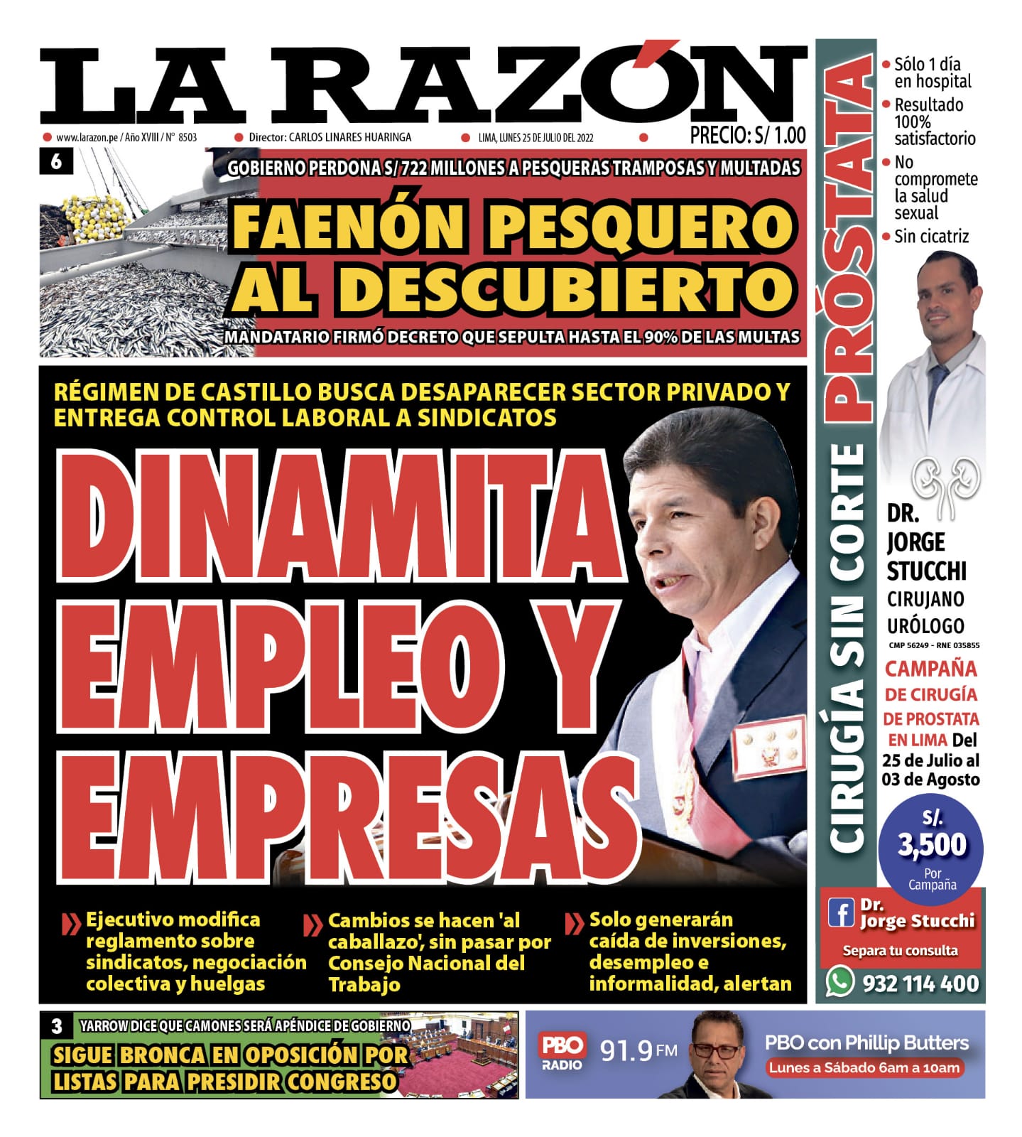Portada impresa – Diario La Razón (25/07/2022)