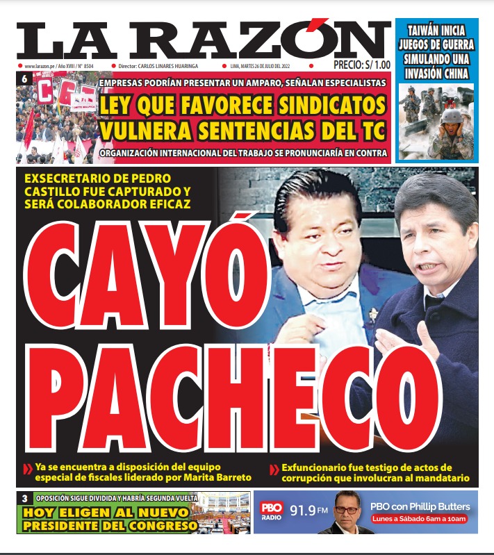 Portada impresa – Diario La Razón (26/07/2022)