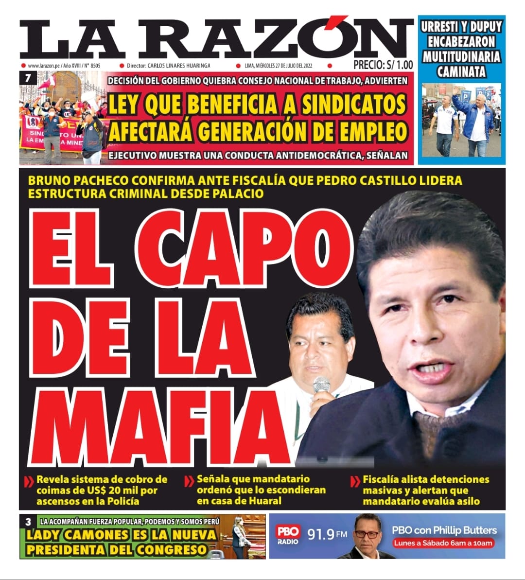 Portada impresa – Diario La Razón (27/07/2022)